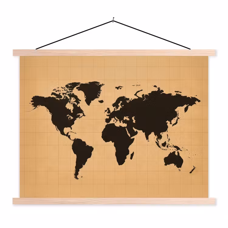 Wereldkaart - Raster -Zwart textielposter latten blank klein -3d