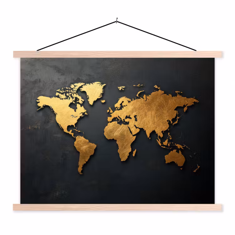 Wereldkaart - Ruwe textuur - Scherpe contouren - Zwart textielposter latten blank klein -3d