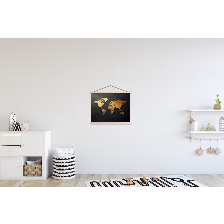 Wereldkaart - Ruwe textuur - Scherpe contouren - Zwart textielposter latten blank klein -kinderkamer