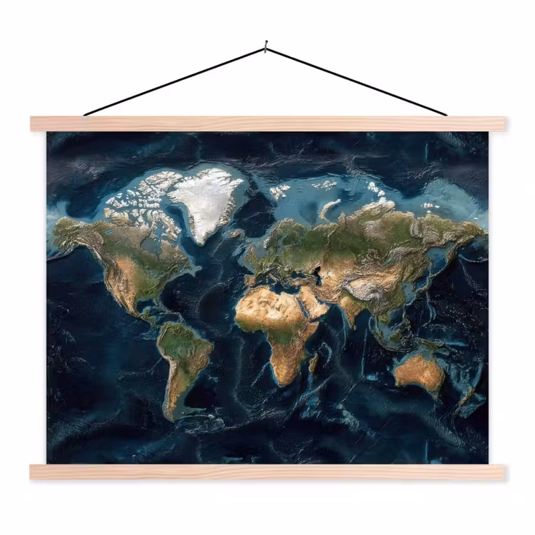 Wereldkaart - Realistisch - Gedetailleerd textielposter latten blank klein -3d