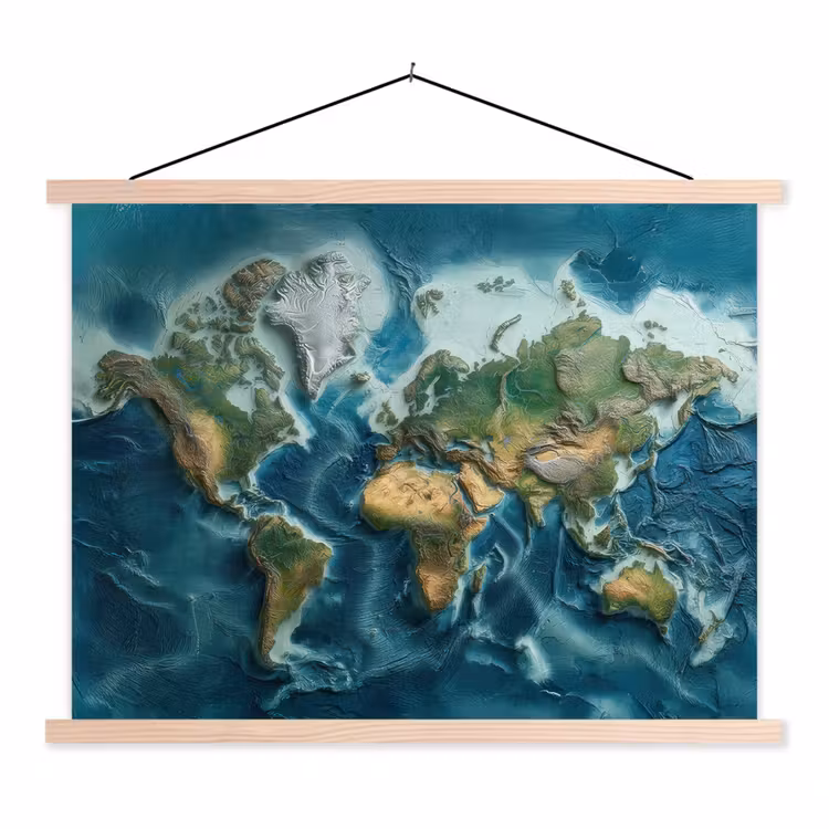 Wereldkaart - Realistisch - Contouren textielposter latten blank klein -3d
