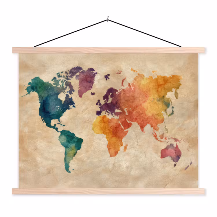 Wereldkaart - Regenboog aquarel - Papierstructuur textielposter latten blank klein -3d