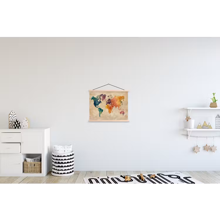 Wereldkaart - Regenboog aquarel - Papierstructuur textielposter latten blank klein -kinderkamer