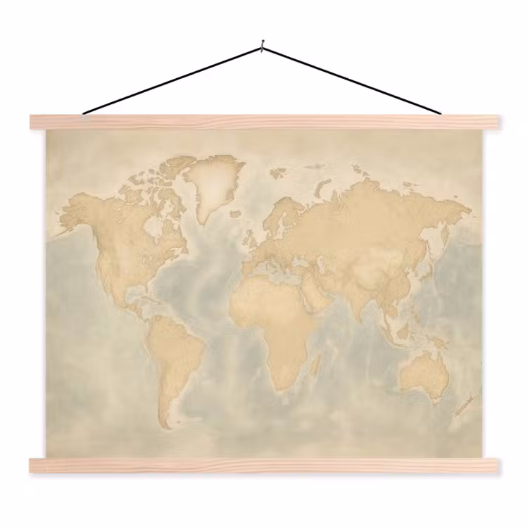 Wereldkaart - Reliëfstructuur textielposter latten blank klein -3d