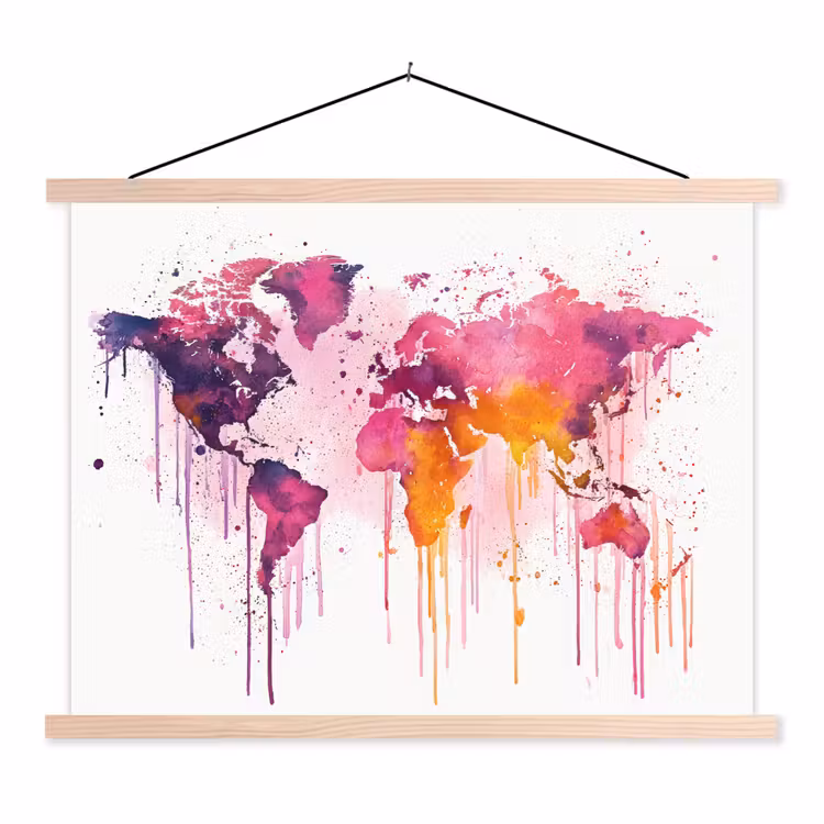Wereldkaart - Roze - Druppels - Verf textielposter latten blank klein -3d