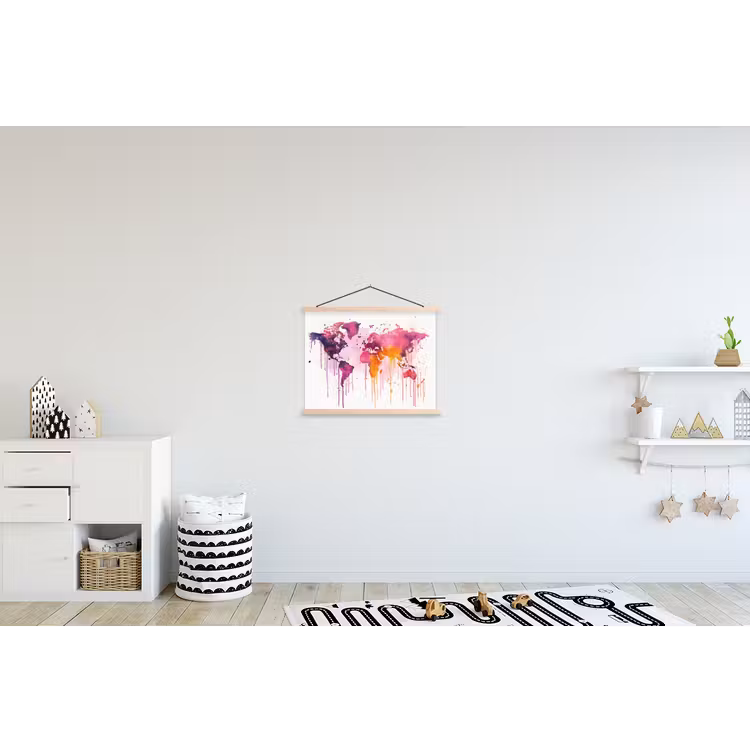Wereldkaart - Roze - Druppels - Verf textielposter latten blank klein -kinderkamer