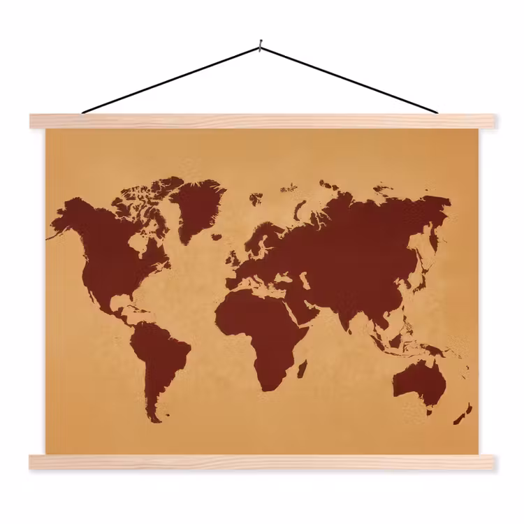 Wereldkaart - Roodbruin silhouet - Sterk kleurcontrast textielposter latten blank klein -3d
