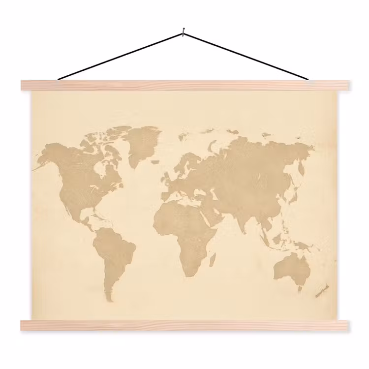 Wereldkaart - Zandkleurig - Minimalistisch textielposter latten blank klein -3d