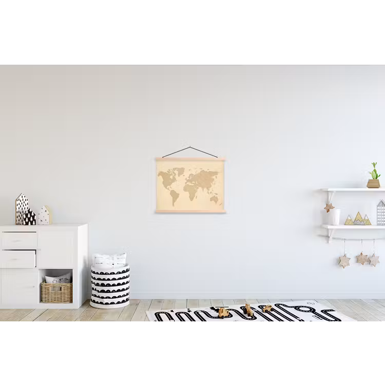 Wereldkaart - Zandkleurig - Minimalistisch textielposter latten blank klein -kinderkamer