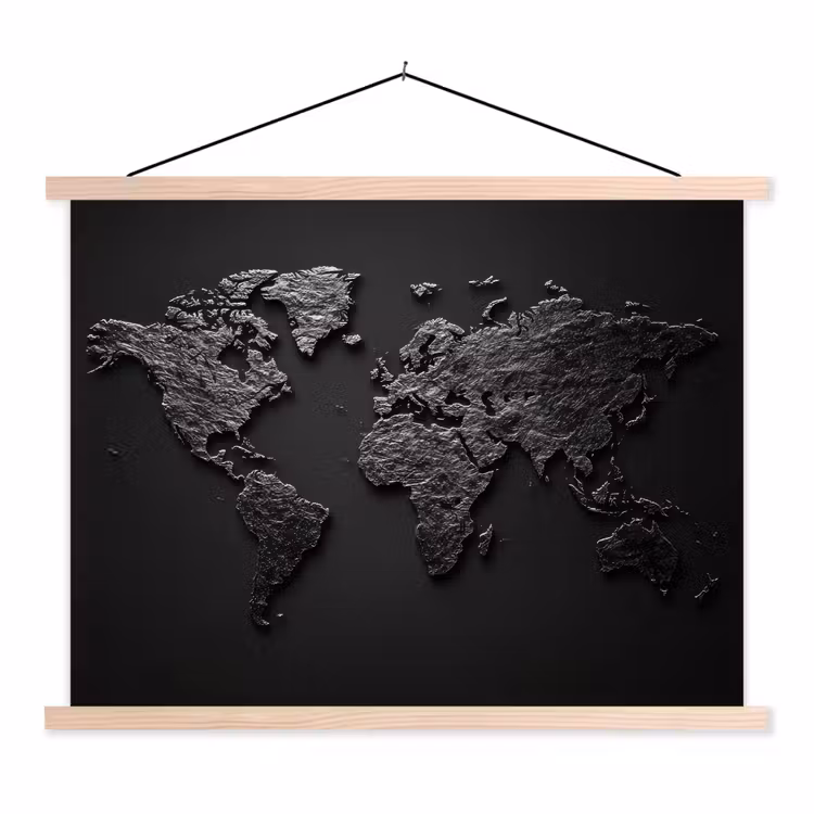 Wereldkaart - Zwart - Donker textielposter latten blank klein -3d