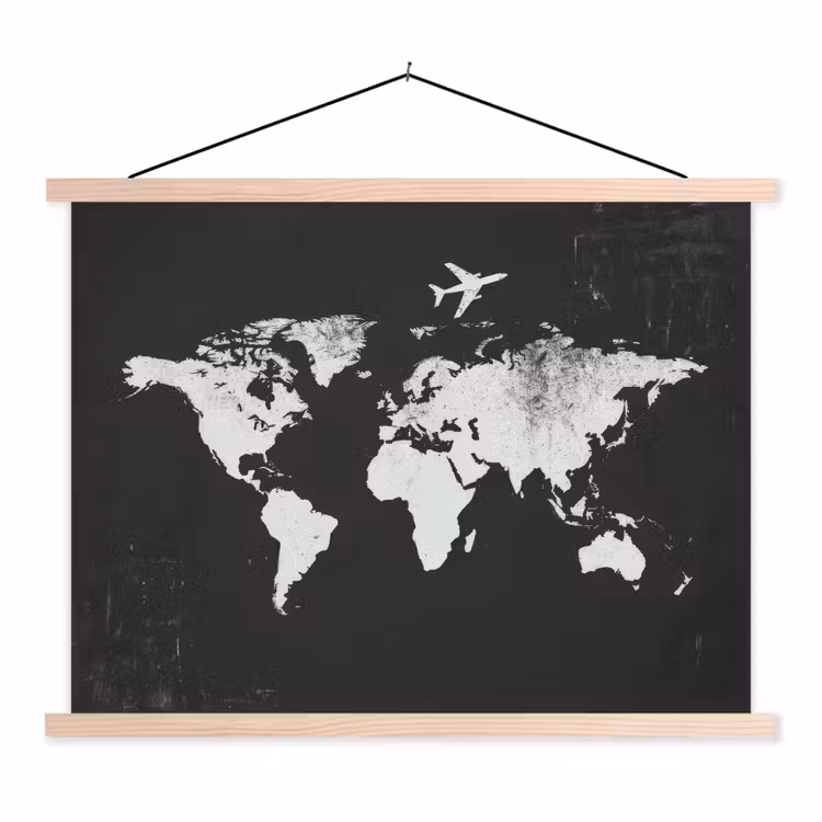 Wereldkaart - Zwart - Vliegtuig - Silhouet textielposter latten blank klein -3d