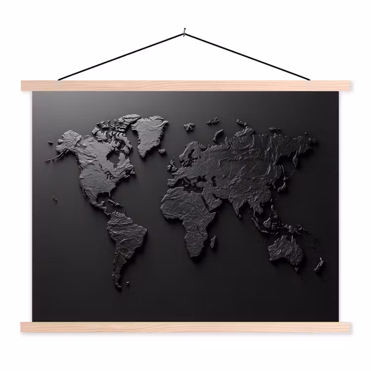 Wereldkaart - Zwart - Grijs textielposter latten blank klein -3d