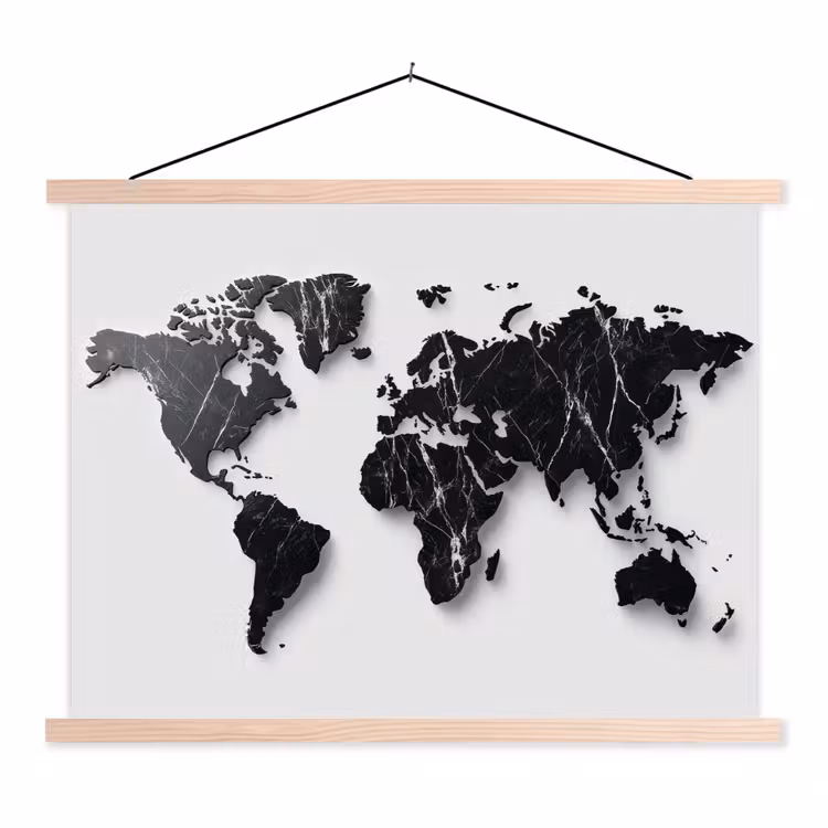 Wereldkaart - Zwart - Marmer - Elegant textielposter latten blank klein -3d