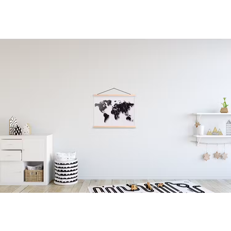 Wereldkaart - Zwart - Marmer - Elegant textielposter latten blank klein -kinderkamer