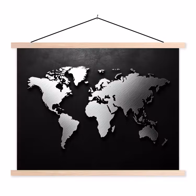 Wereldkaart - Zwart - Zilver - Metaal textielposter latten blank klein -3d