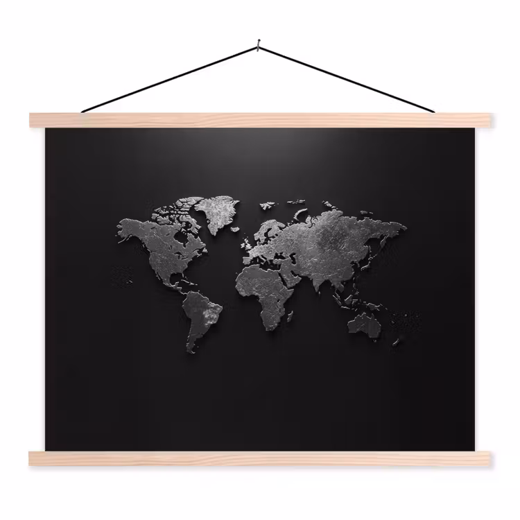 Wereldkaart - Zwart - Structuur textielposter latten blank klein -3d