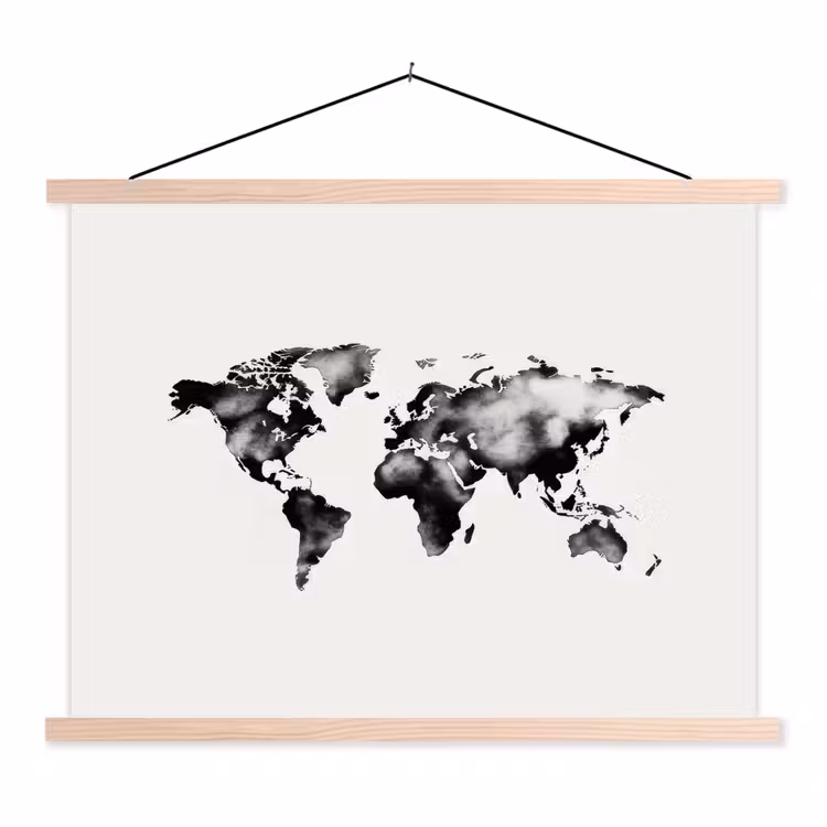 Wereldkaart - Zwart - Inktwassing textielposter latten blank klein -3d