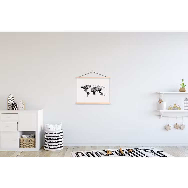 Wereldkaart - Zwart - Inktwassing textielposter latten blank klein -kinderkamer