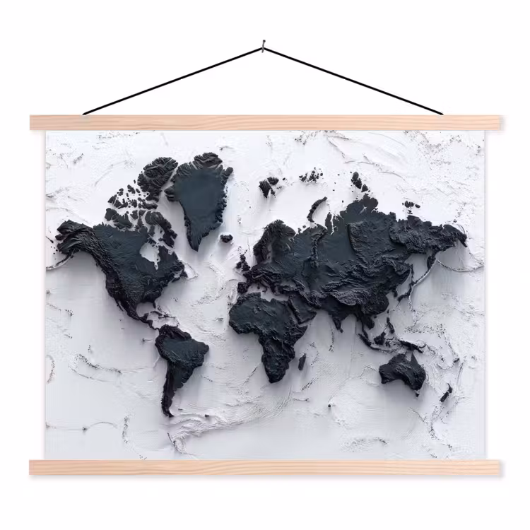 Wereldkaart - Zwarte- Steen textielposter latten blank klein -3d