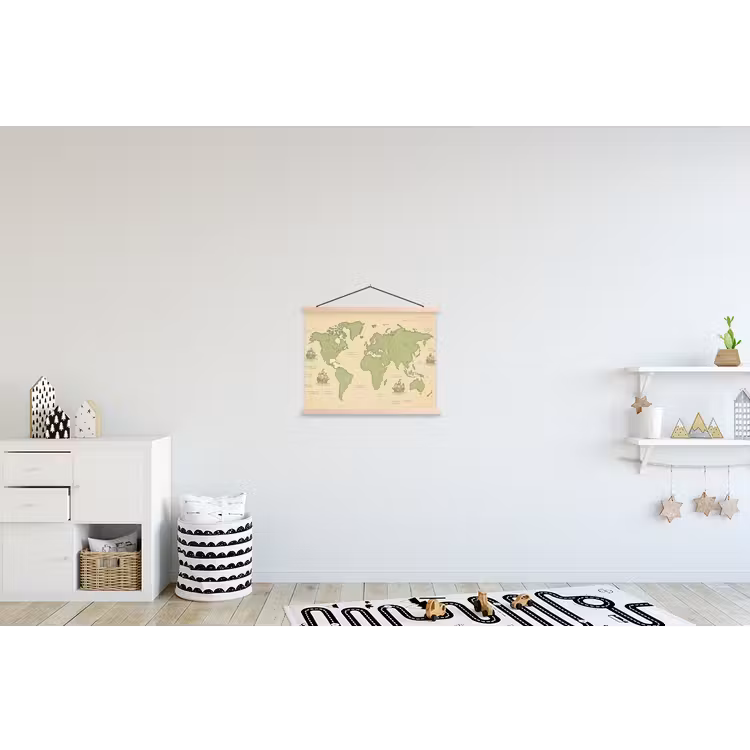 Wereldkaart - Zeilschepen - Lichtgroen textielposter latten blank klein -kinderkamer