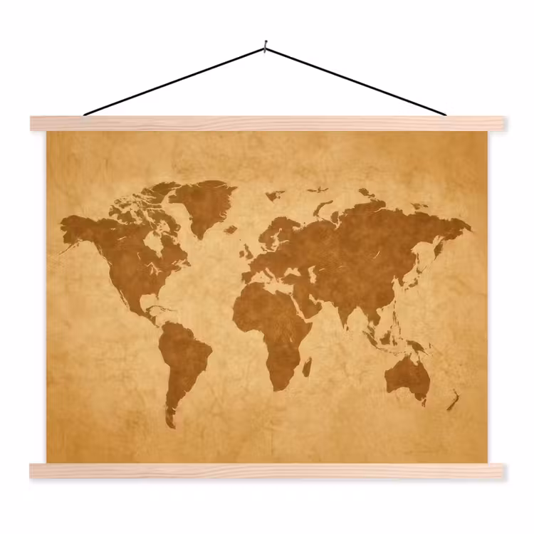 Wereldkaart - sepia silhouet textielposter latten blank klein -3d