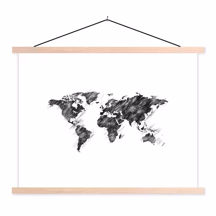 Wereldkaart - Schets - Potlood - Zwart textielposter latten blank klein -3d