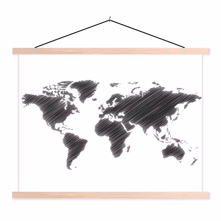 Wereldkaart - Schets - Zwart - Wit textielposter latten blank klein -3d