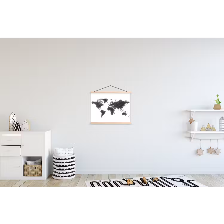 Wereldkaart - Schets - Zwart - Wit textielposter latten blank klein -kinderkamer