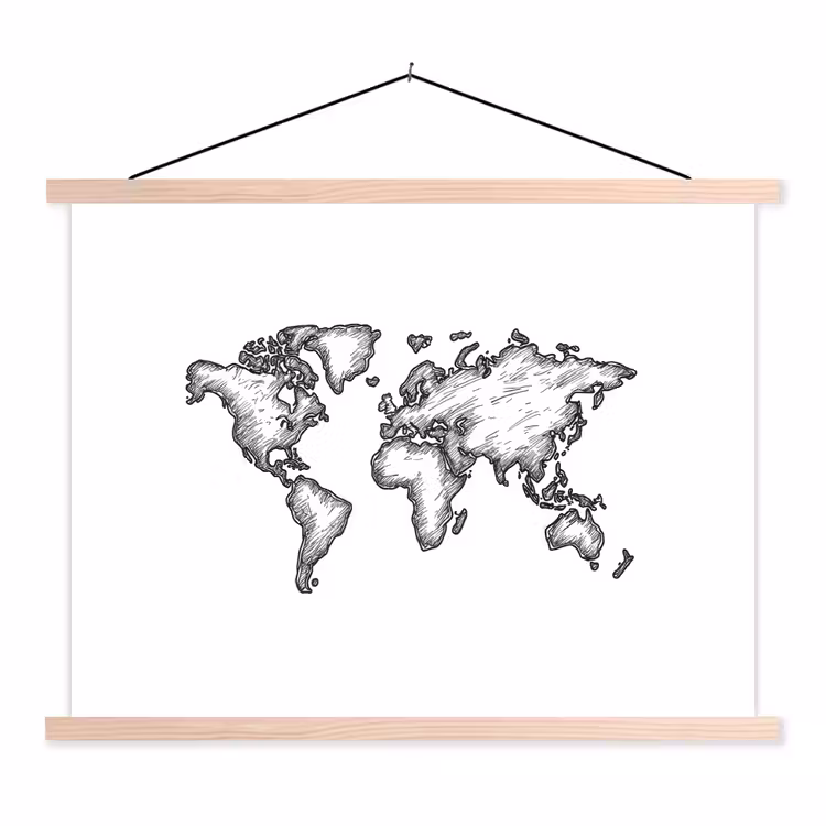 Wereldkaart - Schets - Wit - Zwart textielposter latten blank klein -3d