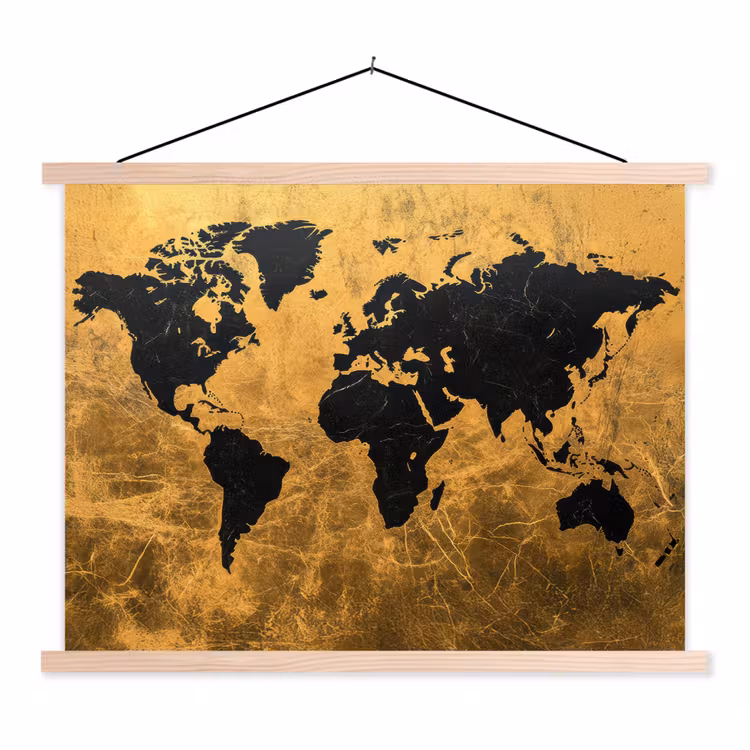 Wereldkaart - Vlekdetails - Goud textielposter latten blank klein -3d