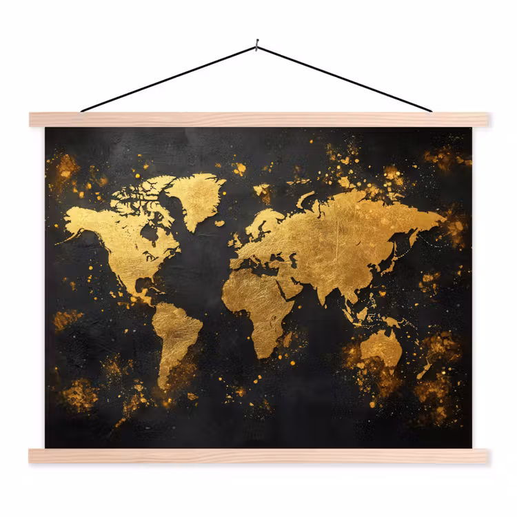 Wereldkaart - Spetters - Zwart - Artistiek textielposter latten blank klein -3d