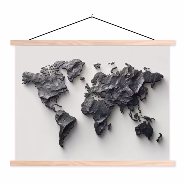 Wereldkaart - Steen - 3D textielposter latten blank klein -3d