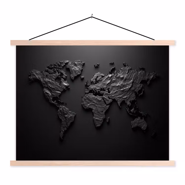 Wereldkaart - Steen - Zwart textielposter latten blank klein -3d