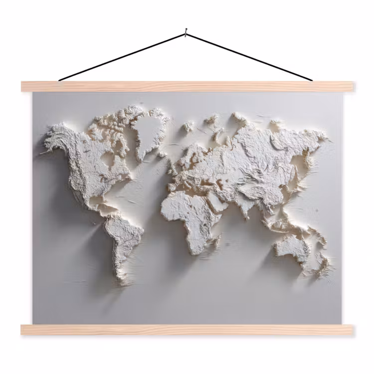 Wereldkaart - Subtiel reliëf - Wit textielposter latten blank klein -3d