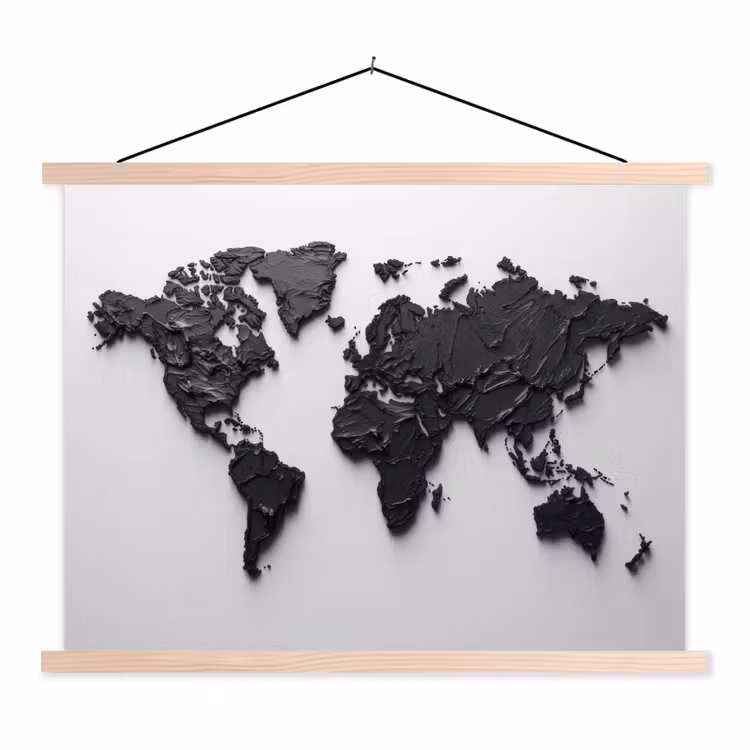 Wereldkaart - Structuur - Zwart textielposter latten blank klein -3d