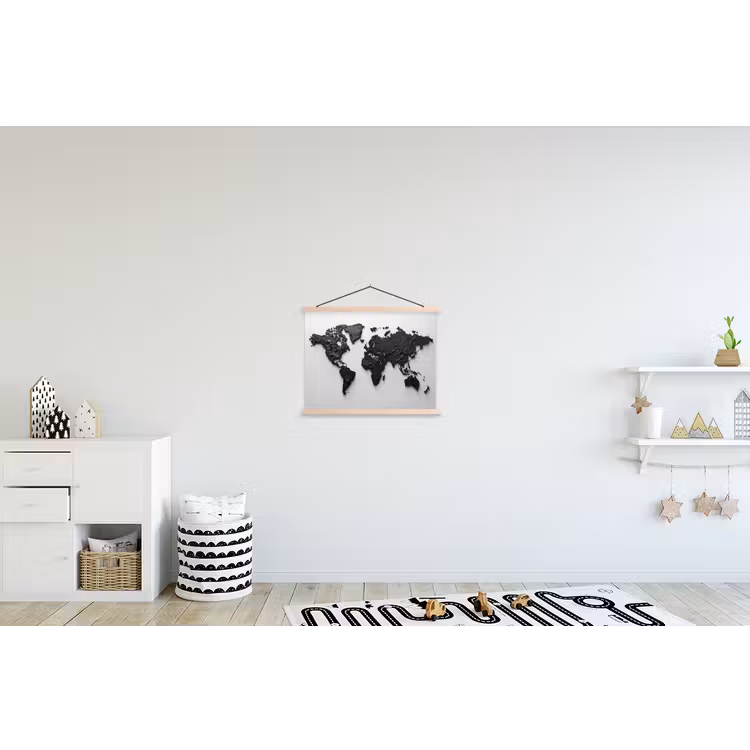 Wereldkaart - Structuur - Zwart textielposter latten blank klein -kinderkamer