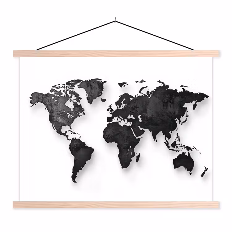 Wereldkaart - Diepte - Zwart textielposter latten blank klein -3d