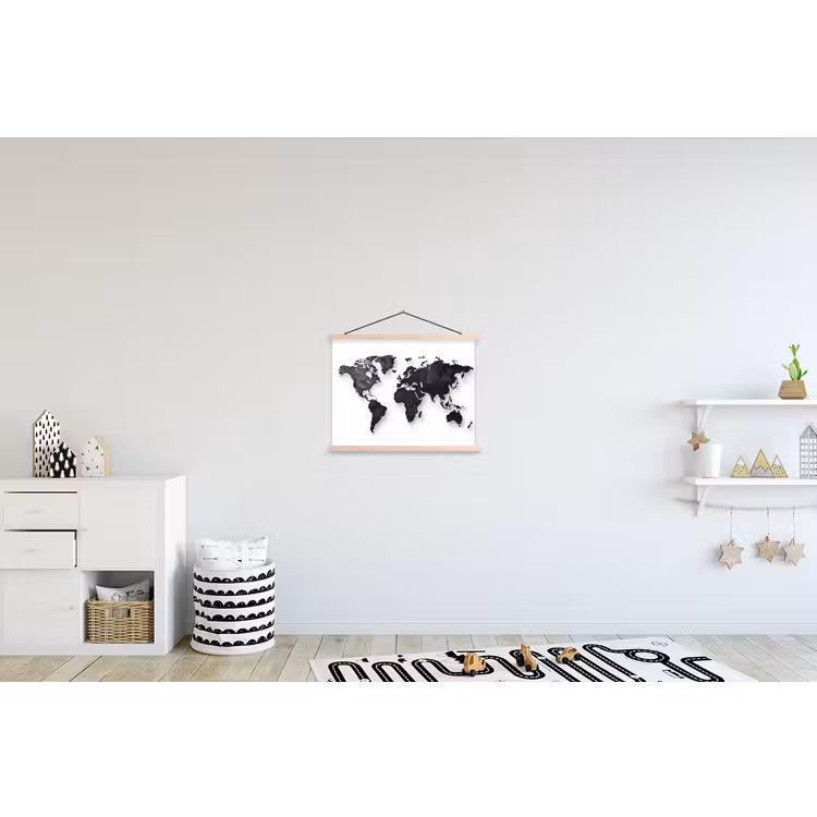 Wereldkaart - Diepte - Zwart textielposter latten blank klein -kinderkamer