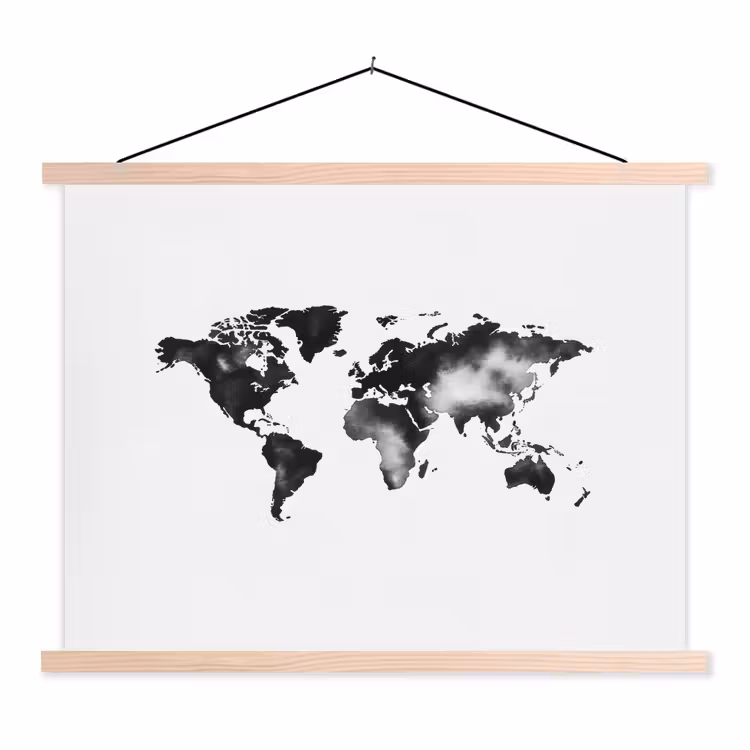 Wereldkaart - Inkt - Zwart textielposter latten blank klein -3d