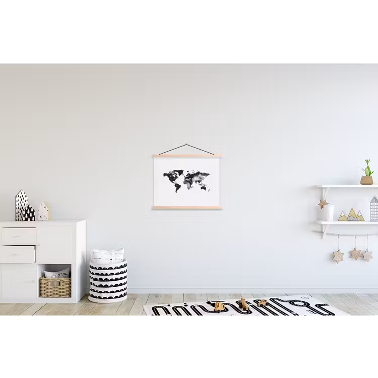 Wereldkaart - Inkt - Zwart textielposter latten blank klein -kinderkamer