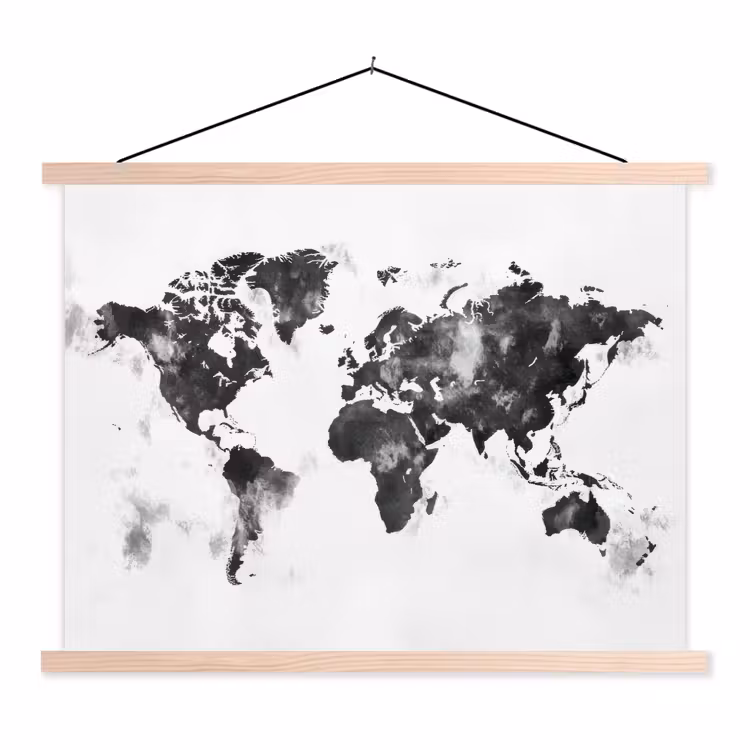 Wereldkaart - Inkt - Zwart textielposter latten blank klein -3d