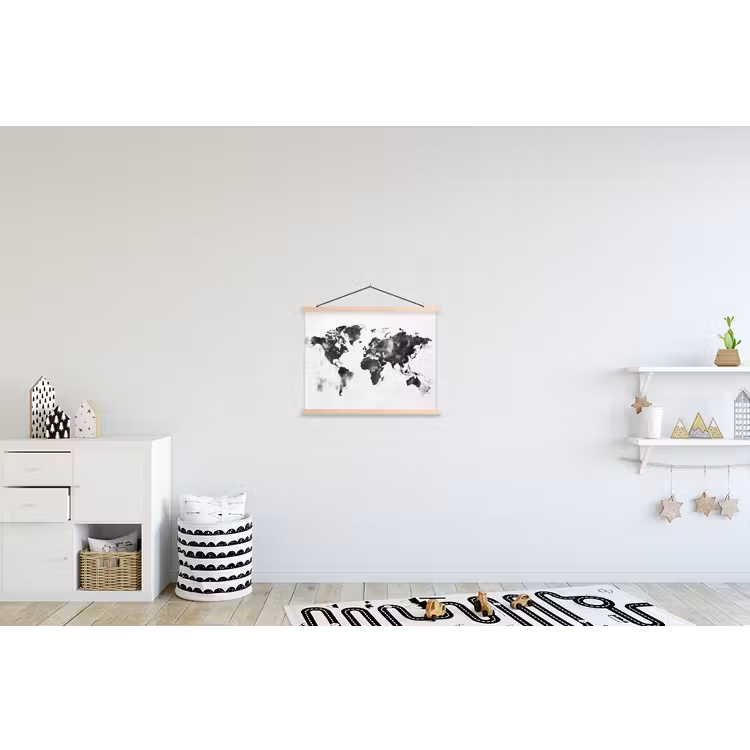 Wereldkaart - Inkt - Zwart textielposter latten blank klein -kinderkamer