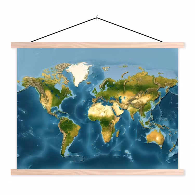 Wereldkaart - Topografisch reliëf textielposter latten blank klein -3d