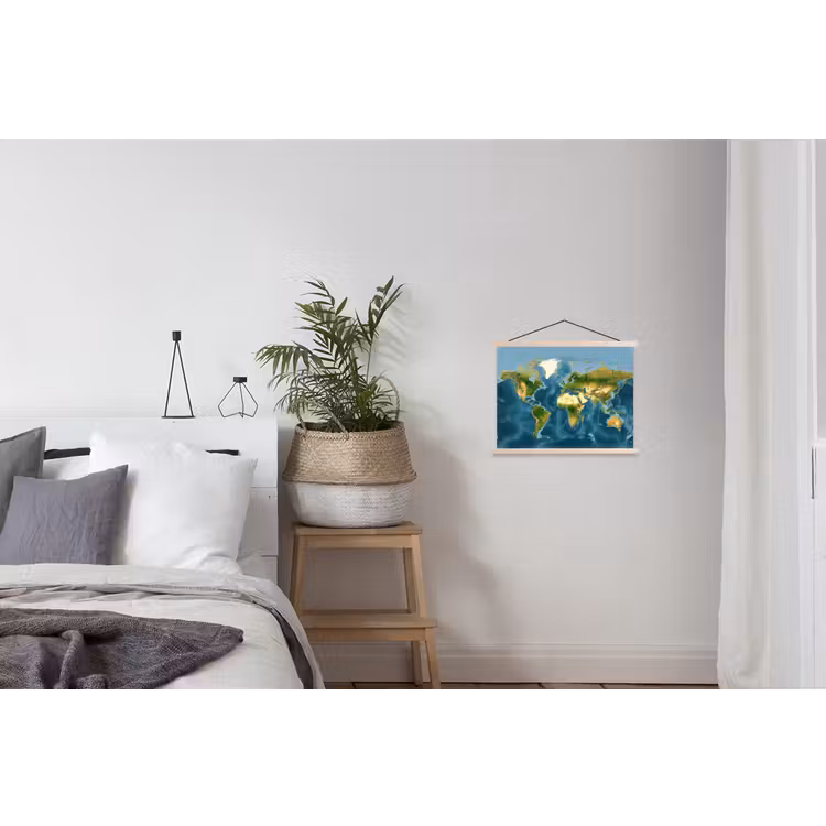Wereldkaart - Topografisch reliëf textielposter latten blank klein -woonkamer