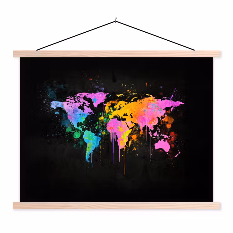 Wereldkaart - Druppen - Abstract - Roze textielposter latten blank klein -3d