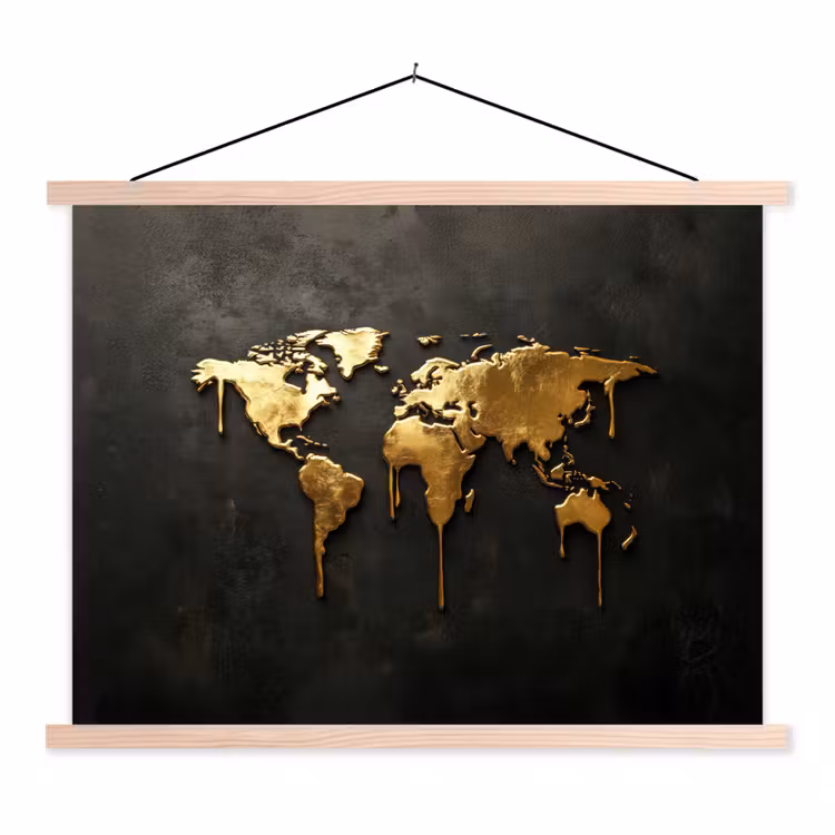 Wereldkaart - Druipende randen - Zwart textielposter latten blank klein -3d