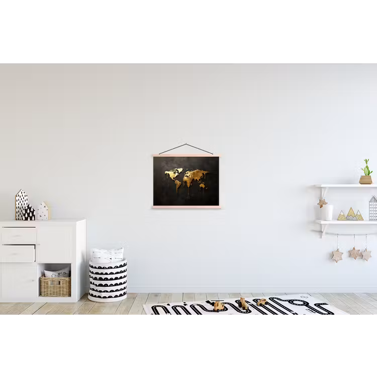 Wereldkaart - Druipende randen - Zwart textielposter latten blank klein -kinderkamer
