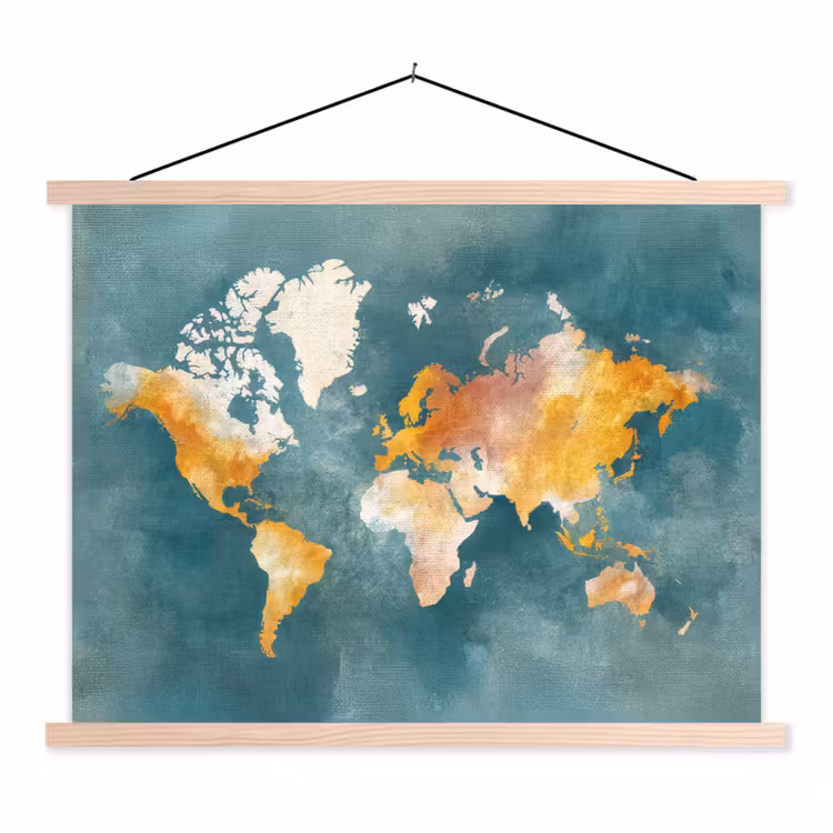 Wereldkaart - Verweerd - Blauw textielposter latten blank klein -3d