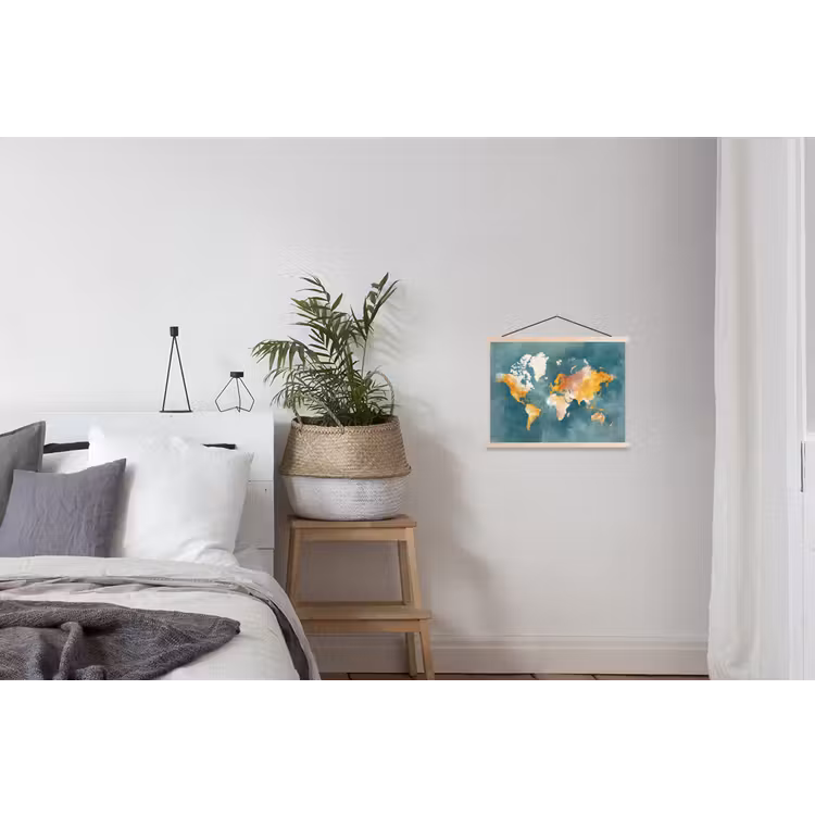 Wereldkaart - Verweerd - Blauw textielposter latten blank klein -woonkamer