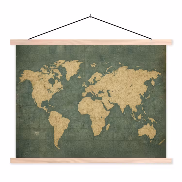 Wereldkaart - Verweerde uitstraling - Subtiel textielposter latten blank klein -3d